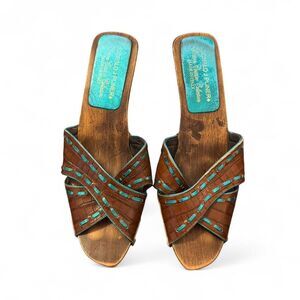 Donald J Pliner Western Couture Wood Platform Clogs Women’s 9 Turquoise stitch